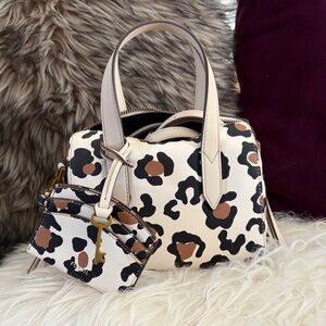 Leather Leopard Print Satchel Bag in Cream and Brown FOSSIL